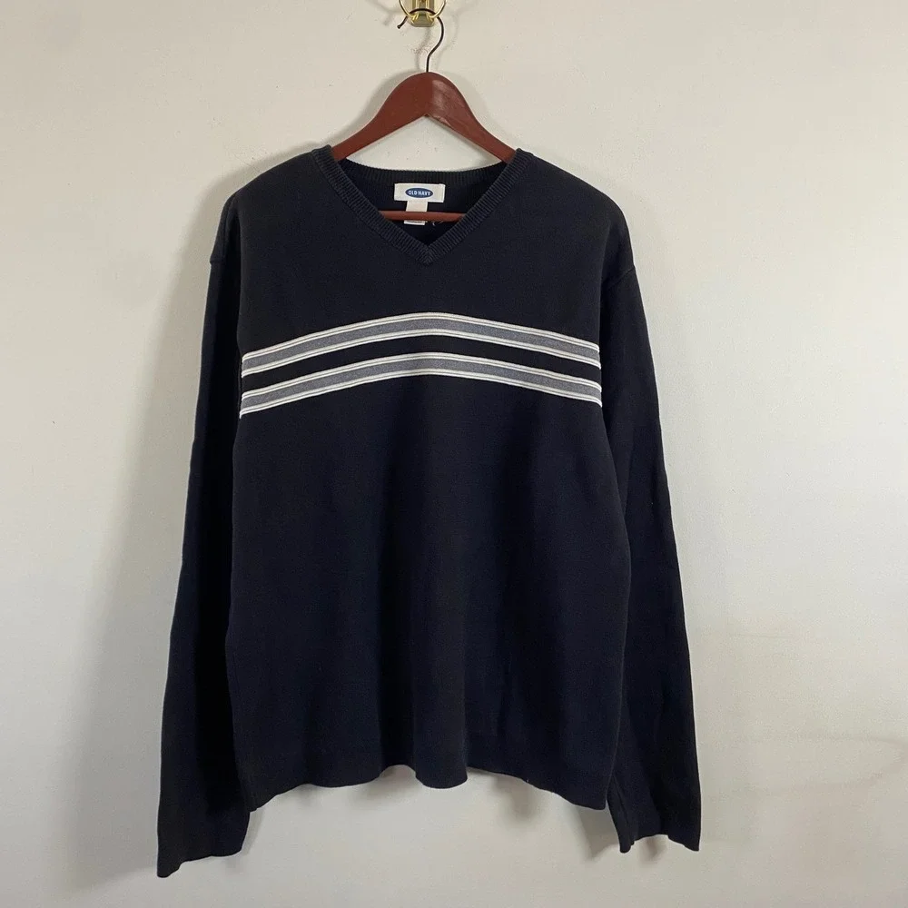 Old Navy Knit V-Neck Black Sweater White Gray Stripes Men's XL Cotton Grunge - Picture 2 of 6